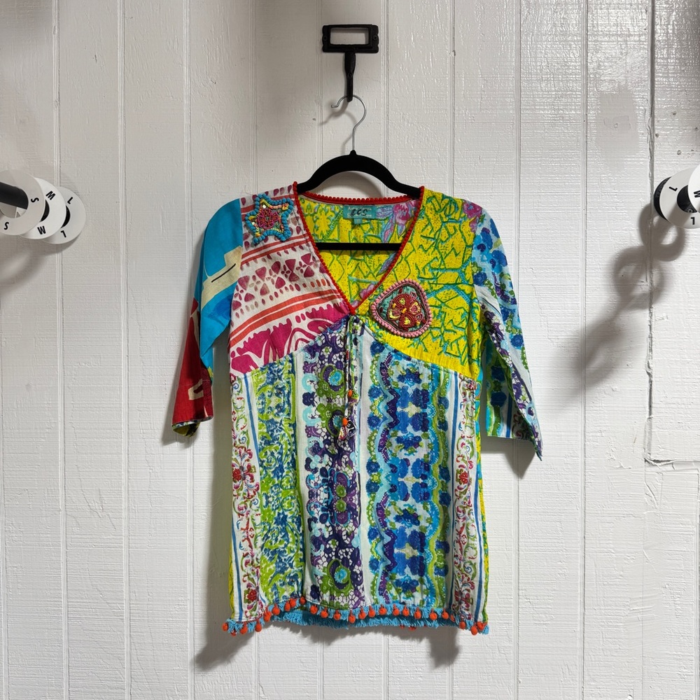 Colorful Patchwork V-Neck Blouse - image 8